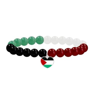 Imagem de Tobestu Pulseira com pingente de coração com bandeira da Palestina - Preto Branco Verde Vermelho Cores Calcedônia Contas Joias de Orgulho Cultural para Homens e Mulheres YA6352, Medium, Pedra, Sem