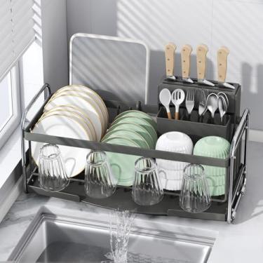 Imagem de MeiChaoMeiJia Escorredor de pratos pequeno – escorredor de pratos para balcão de cozinha, escorredor compacto e rack de secagem de pratos estreito com bandeja coletora e suporte de utensílios (cinza)