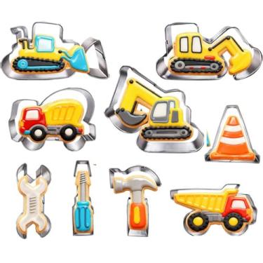Imagem de Conjunto de cortadores de biscoito de construção - 7,6 cm - 9 peças - escavadeira, escavadeira, escavadeira, caminhão basculante, martelo, ferramentas de construção, moldes para crianças com tema de
