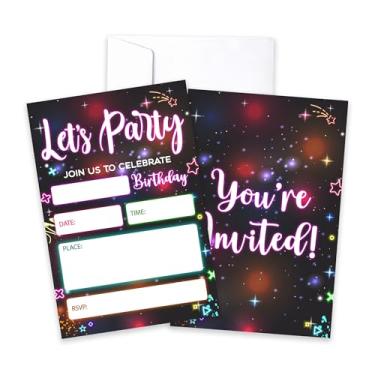 Imagem de CLIRBE Convites para festa de aniversário, convites de aniversário de neon brilhante para meninos e meninas, 20 cartões de convites com 20 envelopes, lembrancinhas de artigos de festa - H16