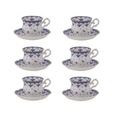 Imagem de Conjunto De Xicaras De Chá Com Pires Blue Leaf Em Porcelana 210Ml 6 Peças - Mcd Presentes