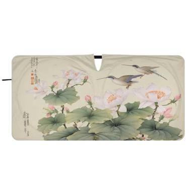 Imagem de Blueangle Guarda-sol para para-brisas florais beija-flores chineses - 149,9 cm x 76,2 cm dobrável para janela dianteira do carro blocos de para-sol raios UV viseira de sol (275)