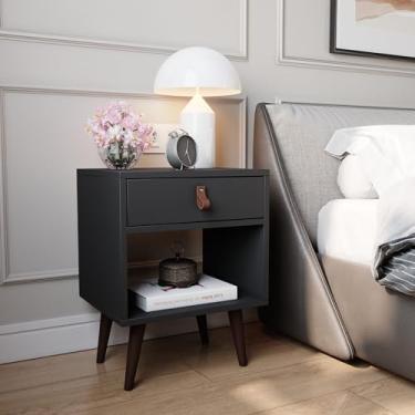 Imagem de Mesa de Cabeceira Mesinha Para Quarto 1 Gaveta Puxador em Couro Ravenna - Preto