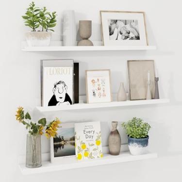 Imagem de Axeman Prateleira de borda para fotos | Conjunto de 3 prateleiras flutuantes de 76 cm | Prateleiras de parede com borda | Prateleiras de parede de madeira branca com borda para fotos e livros de