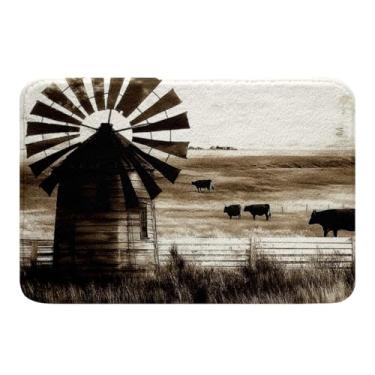 Imagem de jejeloiu Tapetes de banheiro rústicos para moinho de vento 40,6 cm x 61 cm tapetes de banho infantis de grama de vaca ocidental para banheiro, meninos, meninas, retrô, fazenda, chuveiro, banheira,