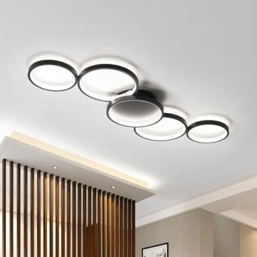 Imagem de Luminária de teto LED branca 6000K, design moderno com 5 anéis, estilo criativo e personalizado, na cor preta, ideal para sala de estar, quarto, sala de jantar, cozinha, corredor e escritóri