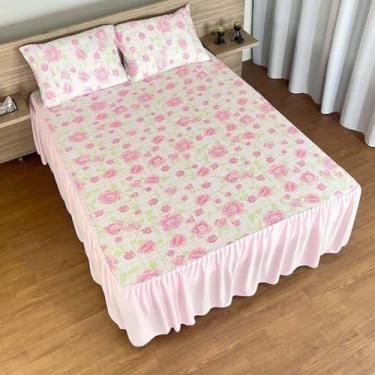 Imagem de Colcha Lençol com Babado e Elástico Queen Com Fronhas Algodão 160g Estampada (Nature)