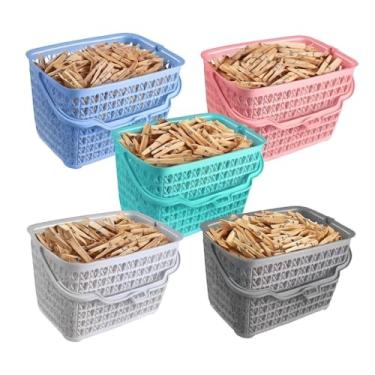 Imagem de Conjunto de cestos com 72 prendedores de roupa de madeira, cesto multiuso reforçado com alça(CESTO PRETO)