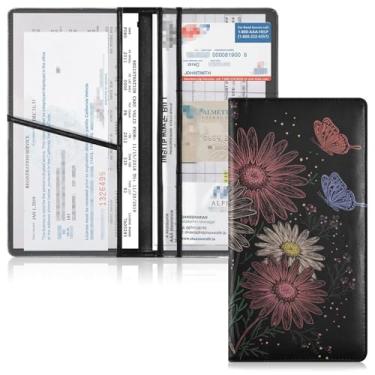 Imagem de Qilmy Boho Flowers Suporte de registro e seguro de carro de couro PU para documentos de veículos, porta-luvas com compartimentos para cartões de PVC transparente para cartões de identificação de