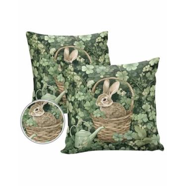 Imagem de DOME-SPACE Coelhinho Dia de São Patrício Trevo Outdoor Fronhas 45,7 x 45,7 cm Pacote com 2 Fronhas Impermeáveis Cesto Chaleira Folha Rústica Capa de Almofada Decorativa para Sofá de Pátio