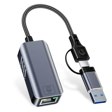 Imagem de Adaptador USB C para Ethernet 5 Gbps, USB-A e USB-C para RJ45 LAN 5000 Mbps Conversor de rede com fio, adaptador USB para Ethernet compatível com Thunderbolt 4/5, MacBook, Windows, MacOS, Linux