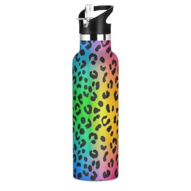 Imagem de Joisal Garrafas de água isoladas de aço inoxidável de 590 ml com tampa de canudo com manchas de leopardo preto vibrante garrafa de água arco-íris para meninos meninas copos de viagem para crianças