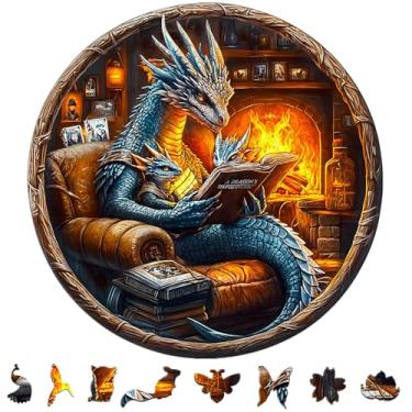 Imagem de KAAYEE Quebra-cabeças de madeira para adultos, efeito visual 3D dragão família leitura noturna quebra-cabeça de madeira forma única quebra-cabeça de madeira adulto, quebra-cabeça plano efeito 3D