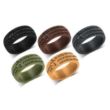 Imagem de Anéis de silicone personalizados cruz cristã joias versículo bíblico anéis masculinos e femininos 8,7 mm textura casca fé Jesus anel inspirador, tamanho 7-14 (5 opções de cores), Silicone, Sem pedra