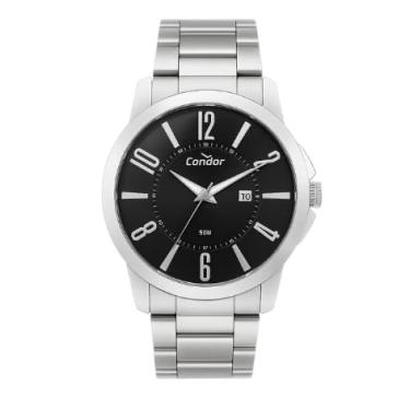 Imagem de Relógio Condor Masculino Analógico Prateado Fundo Preto Pulseira Em Aço Inoxidável Brilha No Escuro Calendário Prova D'água 50 Metros Original