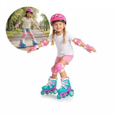 Imagem de Patins Infantil 4 Rodas Ajustável com Capacete e Kit Proteção Azul Rox