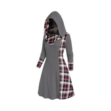 Imagem de Vestido Feminino De Malha Com Capuz E Estampa Xadrez, Cintura Alta, Ma