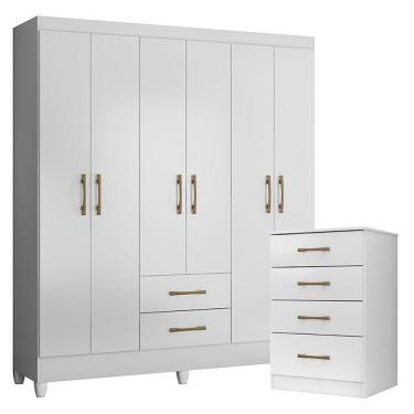 Imagem de Guarda Roupa Casal e Cômoda Panamá Ms913 6 Portas 2 Gavetas em MDP com Prateleiras e Cabideiro Branco Brilho