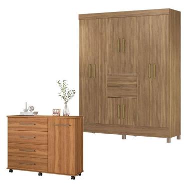 Imagem de Cômoda e Guarda Roupa Casal Flora Munique 8 Portas 2 Gavetas em MDP com Corrediças Tele...