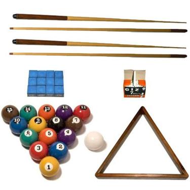 Imagem de Kit 4 Taco 1 Dz Giz Azul E Branco Bola Nª Triangulo Sinuca