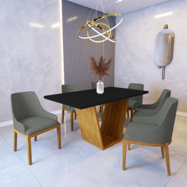 Imagem de Mesa De Jantar Safira 1,6m Preto Com 6 Cadeiras Elisa Veludo Cinza Madeira Maciça Castanho
