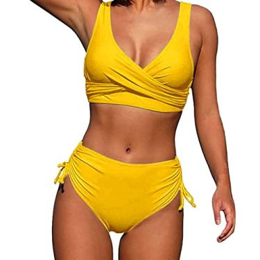 Imagem de Biquíni feminino de praia, roupa de banho atrevida, plus size, com cordão, corte alto, controle de barriga, biquíni transparente, Amarelo, M