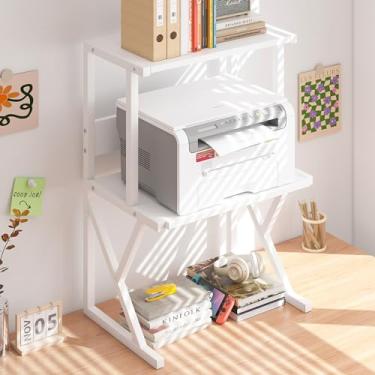 Imagem de aboxoo Suporte de impressora de mesa com prateleiras de armazenamento de madeira de 3 níveis, mesa de impressora sob a mesa, organizador multiuso de mesa de escritório doméstico para fax, scanner