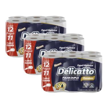 Imagem de Kit com 3 Pacotes Papel Higiênico Folha Dupla Premium 30 Metros Delicatto 12 Rolos