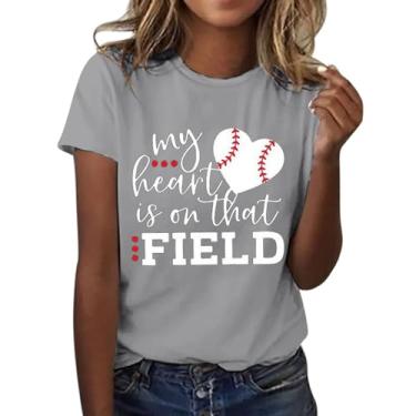Imagem de Camiseta feminina de verão com estampa de beisebol, gola redonda, manga curta, caimento solto, casual, túnica, Cinza - A, 3G