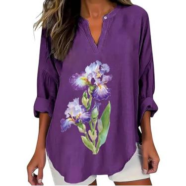 Imagem de PKDong Camiseta feminina de conscientização de Alzheimers com gola V, manga comprida, solta, roxa, floral, camisetas femininas 2024, Verde, M
