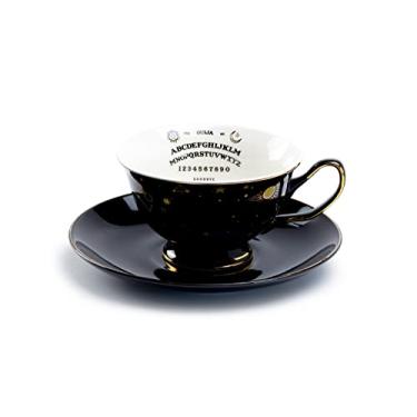 Imagem de Grace Teaware Ouija Astrology Xícara de chá e pires de ouro preto com acabamento dourado Halloween preto branco e dourado
