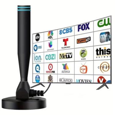 Imagem de Antena de TV interna, antena de TV digital para Smart TV com base magnética forte suporte 4K 1080p, antena de TV inteligente de recepção de longo alcance para canais locais - cabo coaxial HDTV de 4 m