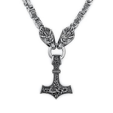Imagem de HAQUIL Viking Necklace for Men, Silver Plated Stainless Steel Mjolnir Pendant, Wolf Head King Chain, Viking Jewelry Gift for Men