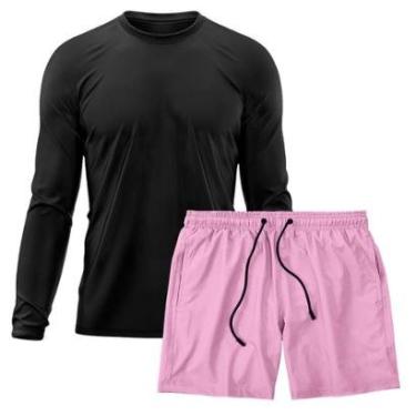 Imagem de Kit Short Praia Academia Passeio Treino Rosa + Manga Longa Masculina Segunda Pele Dry-Masculino