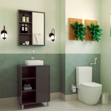 Imagem de Conjunto de Gabinete com Cuba Branca e Armário de Banheiro com Espelho Julia 2 PT Grafite