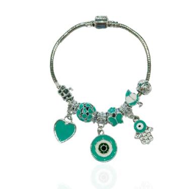 Imagem de Pulseira com 8 Berloques Tema Olho Grego Verde Charms Biju Fina 19CM Banhado a Prata 925