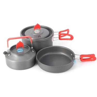 Imagem de TMKOOL Kit de Cozinha de Acampamento, Cinza, Médio, Alumínio Anodizado, 5 Peças: Panela 1,5 L, Frigideira, Chaleira 1,1 L, 2 Tampas e Bolsa de Transporte