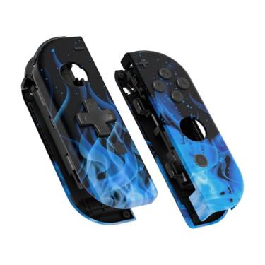Imagem de eXtremeRate Caixa de controle portátil Joycon de toque suave Blue Flame (versão D-Pad) com botões completos, capa de substituição DIY para Nintendo Switch e Switch OLED Joy-Con – Capa de console não