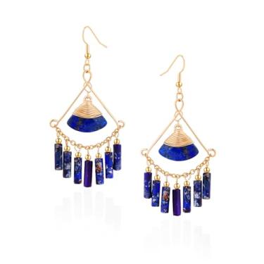 Imagem de Brincos de lápis-lazúli - Brincos longos de borla feitos à mão em estilo boêmio - Brincos femininos com pedra imperadora, Cobre, Lápis-lazúli Lápis-lazúli Pedra imperador