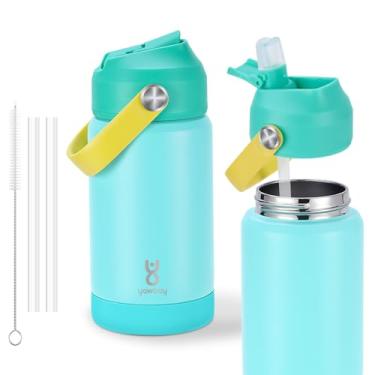 Imagem de Garrafa de água infantil isolada com tampa de canudo e alça de silicone, garrafa de água infantil à prova de vazamento de 340 g para meninos e meninas, parede dupla a vácuo de aço inoxidável com base