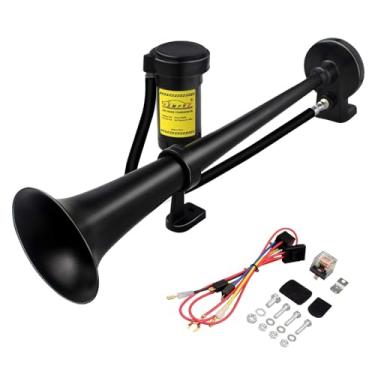 Imagem de GAMPRO Buzinas de ar de carro 12V 150DB, buzina de ar de caminhão trompete único de zinco cromado com compressor para qualquer veículo de 12 V, caminhões, trens, barcos, carros (preto + tubo preto)
