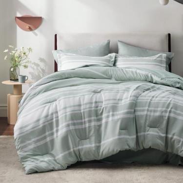 Imagem de Conjunto de Edredom Bedsure Queen Size 7 Peças - Verde Sálvia Listrado