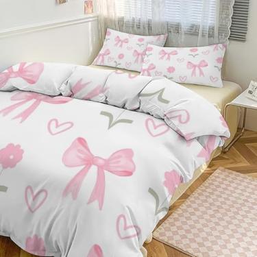 Imagem de Conjunto de capa de edredom com laço rosa e flores tamanho casal/queen, conjunto de cama de 3 peças 200,7 x 228,6 cm para meninos e meninas capa de cama ultramacia (1 edredom + 2 fronhas)