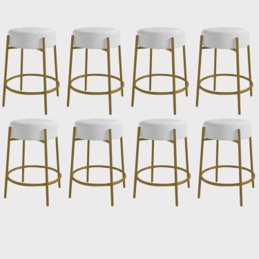 Imagem de Kit 08 Banquetas Alta Sintra 65cm Redonda Ferro Dourado Corino Branco - Ahazzo Móveis