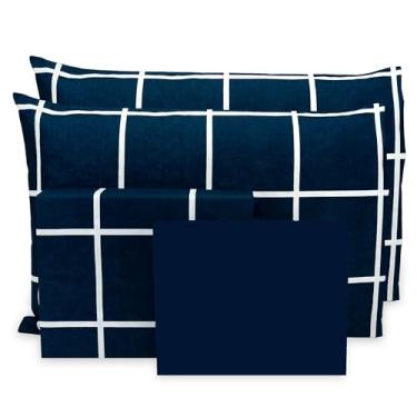 Imagem de Jogo de Lençol Queen 6 pçs Percal Flex Estampado 400 Fios Toque Acetinado - 40 CM DE ALTURA (GRID MARINHO MARINHO)