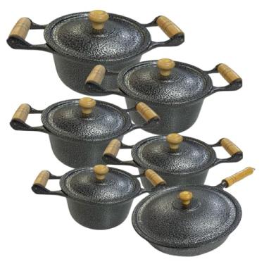 Imagem de Jogo de Panelas Preta com frigideira em Alumínio Batido Fundido 6 Peças Craquelada Grossa com Tampa De Alumínio