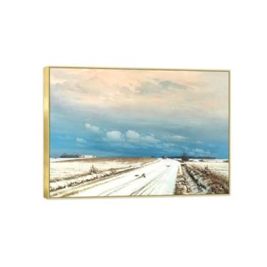 Imagem de Pintura de arte de parede em tela paisagem imagem de natureza - impressão em tela - cavalo e carrinho no inverno - pôster com moldura dourada e impressões para decoração de casa moderna 30 x 45 cm 12