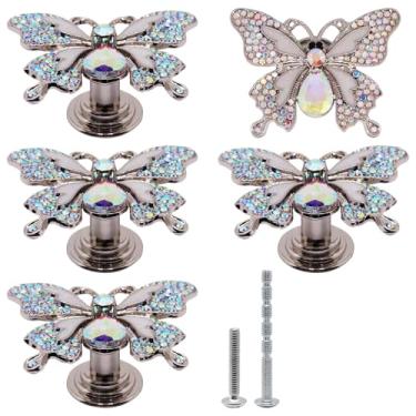 Imagem de YuGtcen 5 maçanetas de armário, puxadores de cristal para gavetas, puxador de borboleta para cômoda, puxadores decorativos, puxadores de gaveta de borboleta fofos para cozinha, quarto de meninas