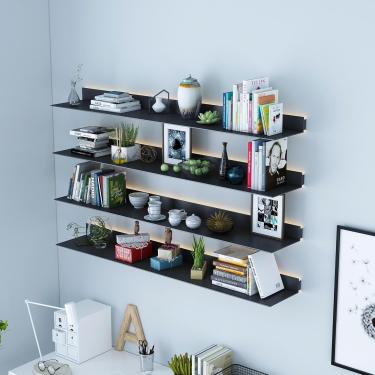 Imagem de Prateleiras de livros flutuantes de metal com luz LED iluminada embutida, montagem de parede moderna não possui prateleira, organizador de decoração de casa de armazenamento flutuante, prate