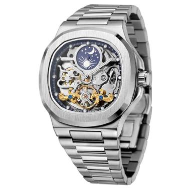 Imagem de FORSINING Relógio analógico masculino de luxo automático esqueleto analógico sol e lua com pulseira de aço inoxidável, Prata, Clássico